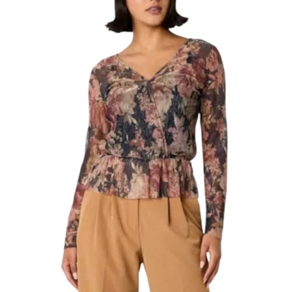 Brannan Tops - SALE NWT Brannan Metallic Floral Peplum Blouse Long Sheer Sleeve Tie Back M